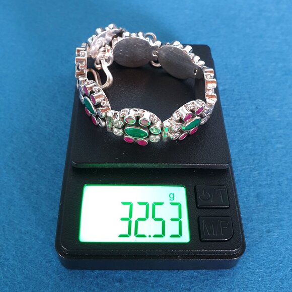 Vintage Mughal Revival 925 Silver Genuine Ruby & Green Crystal Floral Bracelet - Picture 13 of 13